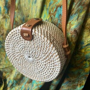 Authentic Balinese white round ratan sling/shoulder/crossbody purse/bag.